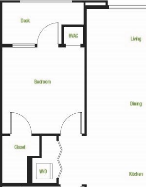A9 – 1 Bedroom 1 Bath Floor Plan Layout – 728 Square Feet